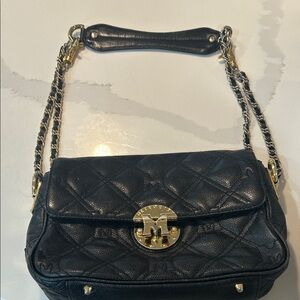 Metrocity Black Leather Shoulder Bag with Gold-Tone Hardware